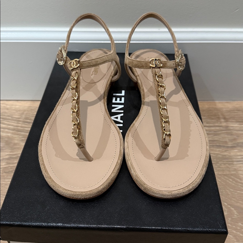 Brand new authentic Beige Sandals with Gold Chain Detail